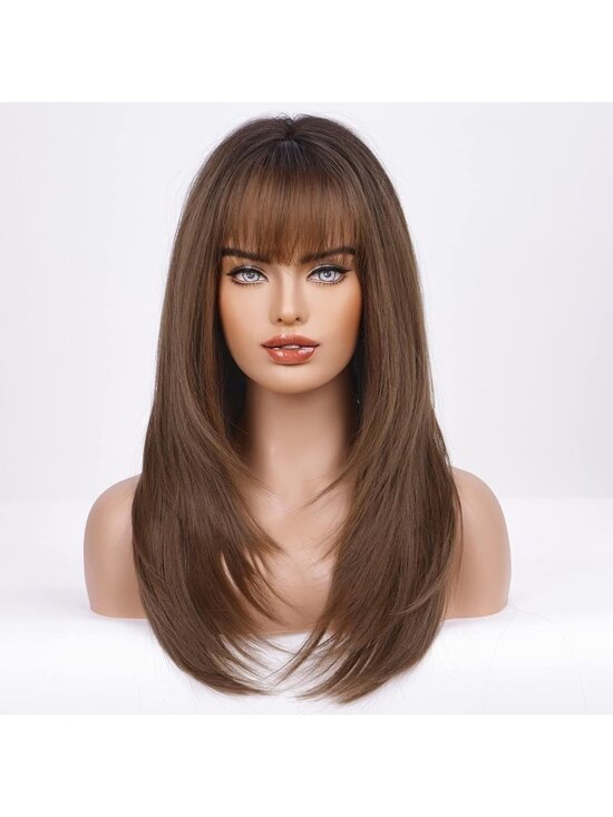 Women\'s Dark Brown2 Heat Resistant Long Curly Wavy Synthetic Wig Bang Size 26In main image 5